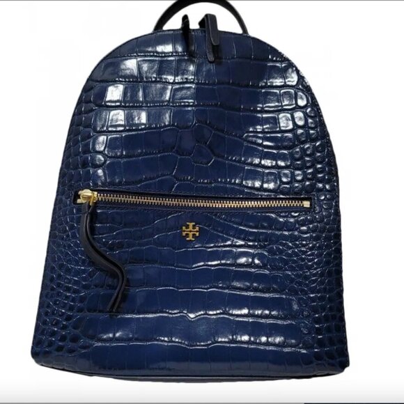 Tory Burch Navy Blue Croc-Embossed Mini Small Leather Backpack NWOT main image 4